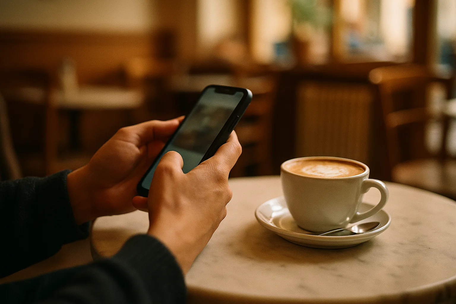 Hände mit Smartphone neben einer Tasse Cappuccino im Café